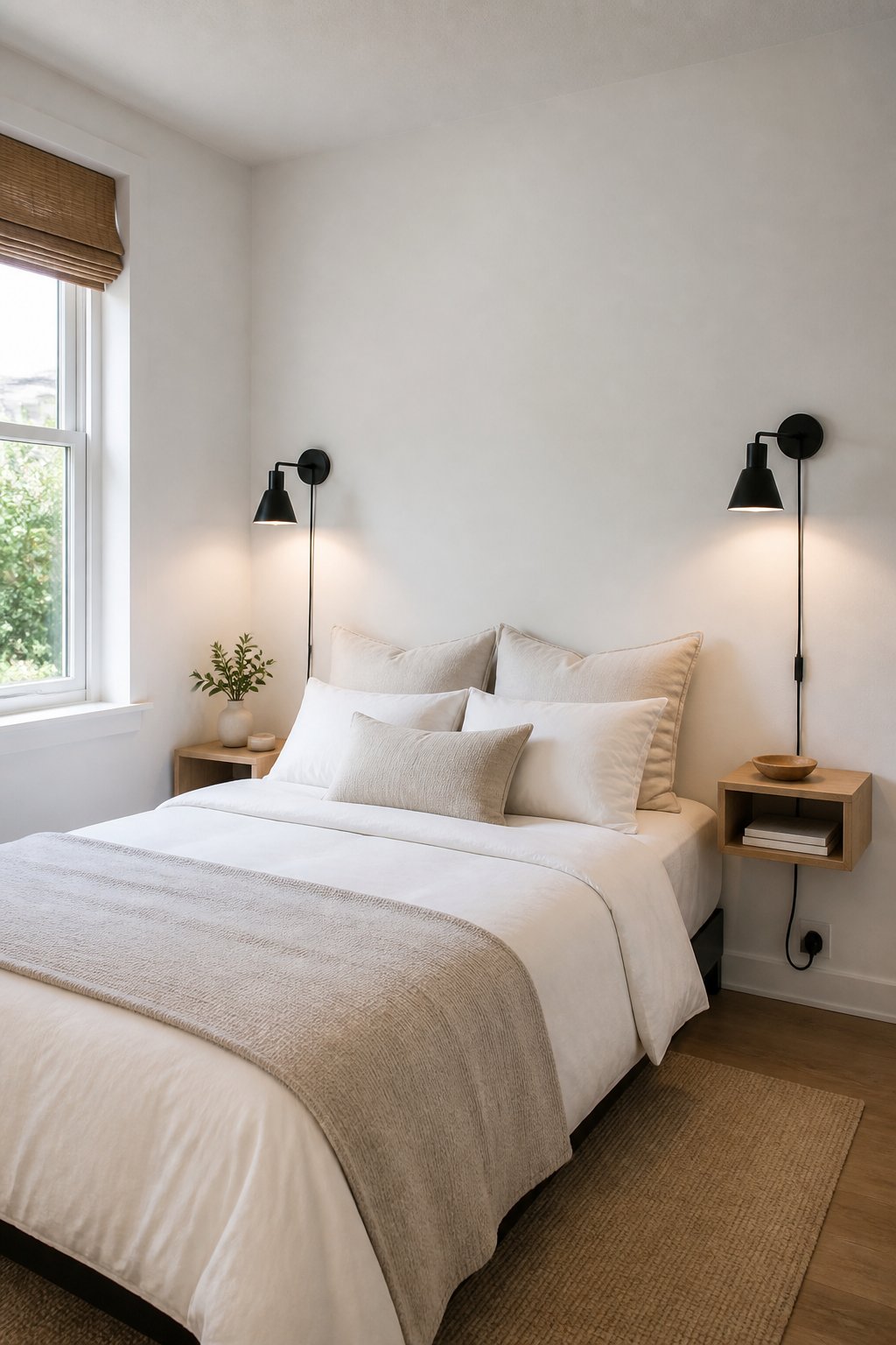 Small white bedroom with a bed and matching matte-black wall sconces glowing above it.