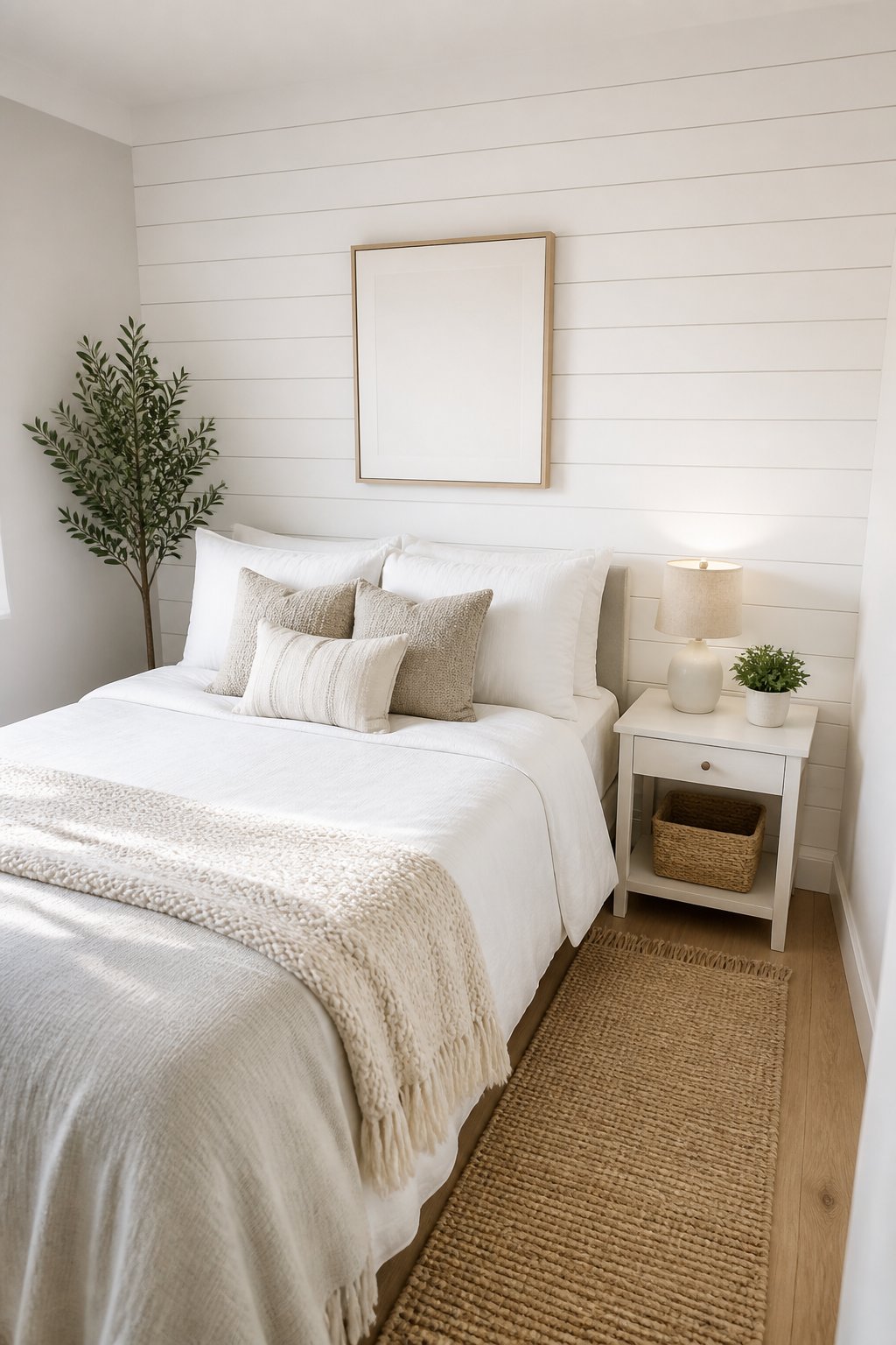 A small bedroom with a white shiplap accent wall, a neatly made bed, neutral decor, and a potted plant.