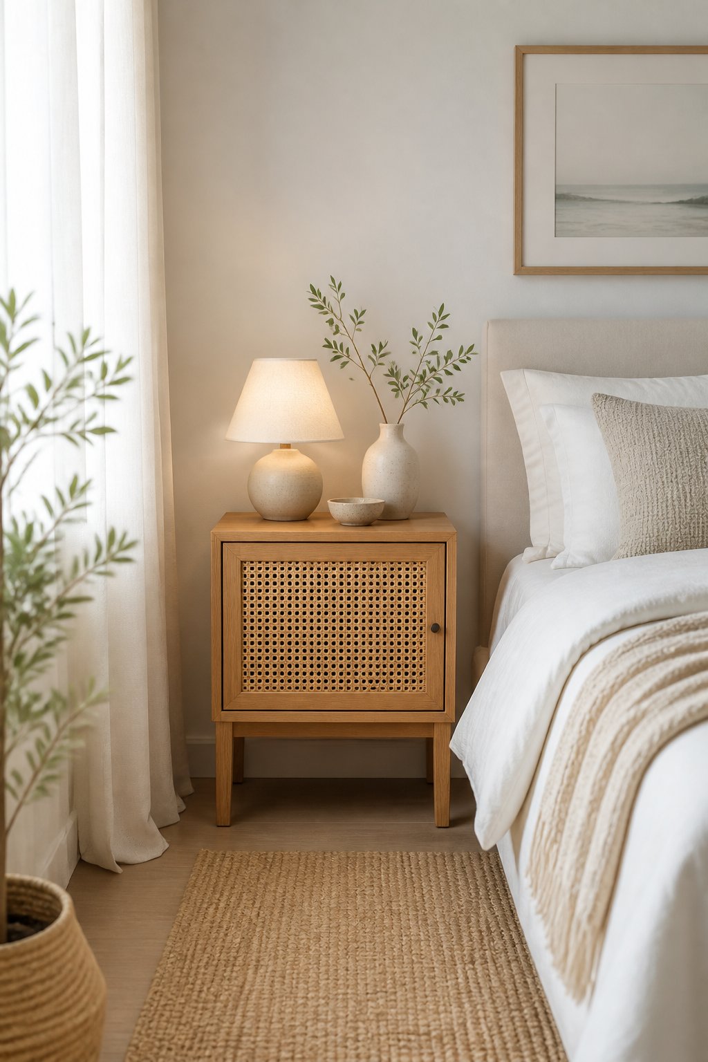 A natural oak cane-front nightstand beside a neatly made bed in a small white-walled bedroom.