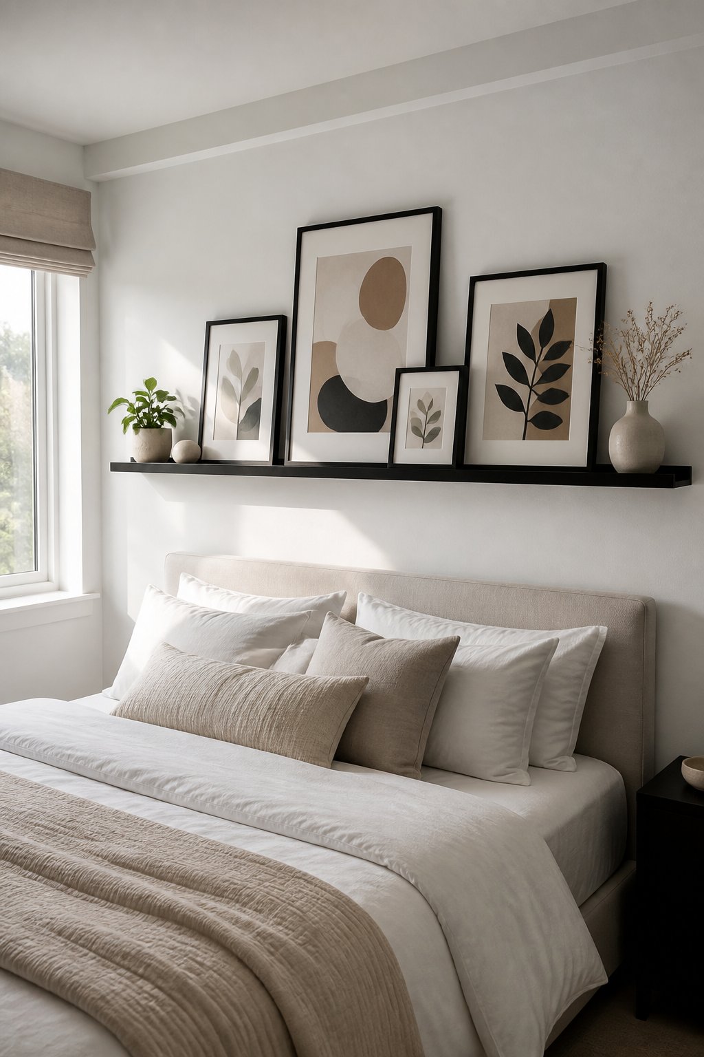 A narrow picture ledge with black-framed artwork and small decorative objects above a neatly made bed.