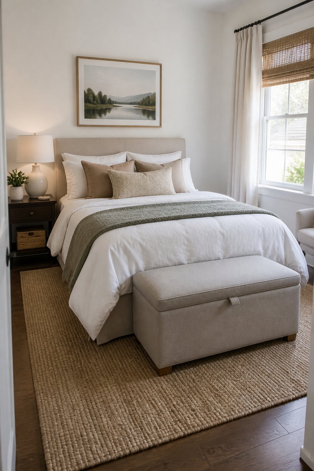 Small white-walled bedroom with a storage ottoman placed at the foot of a neatly made bed.