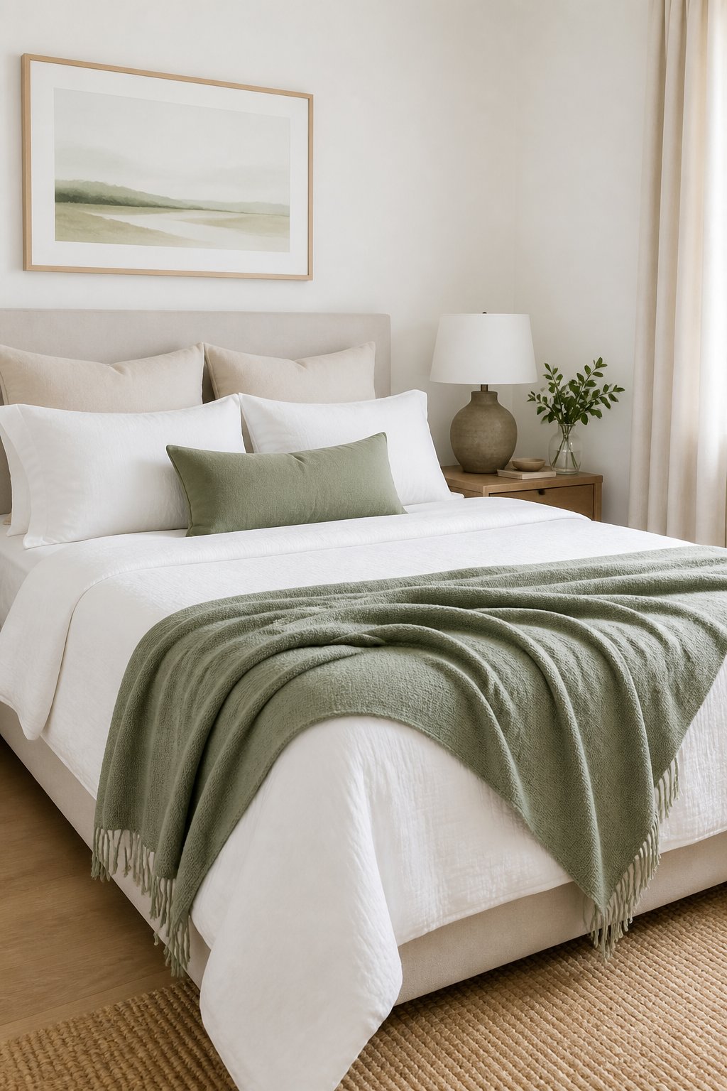 Small white-walled bedroom with a sage green throw and lumbar pillow on a neatly made bed.