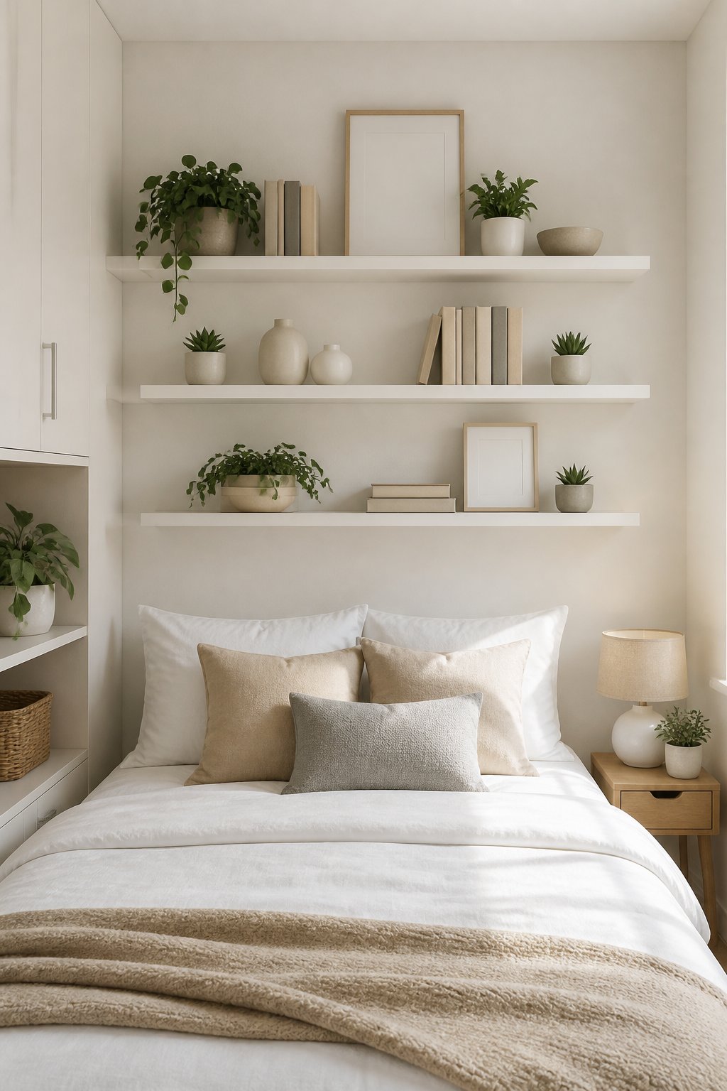 A small white bedroom with floating shelves decorated above a neatly made bed.