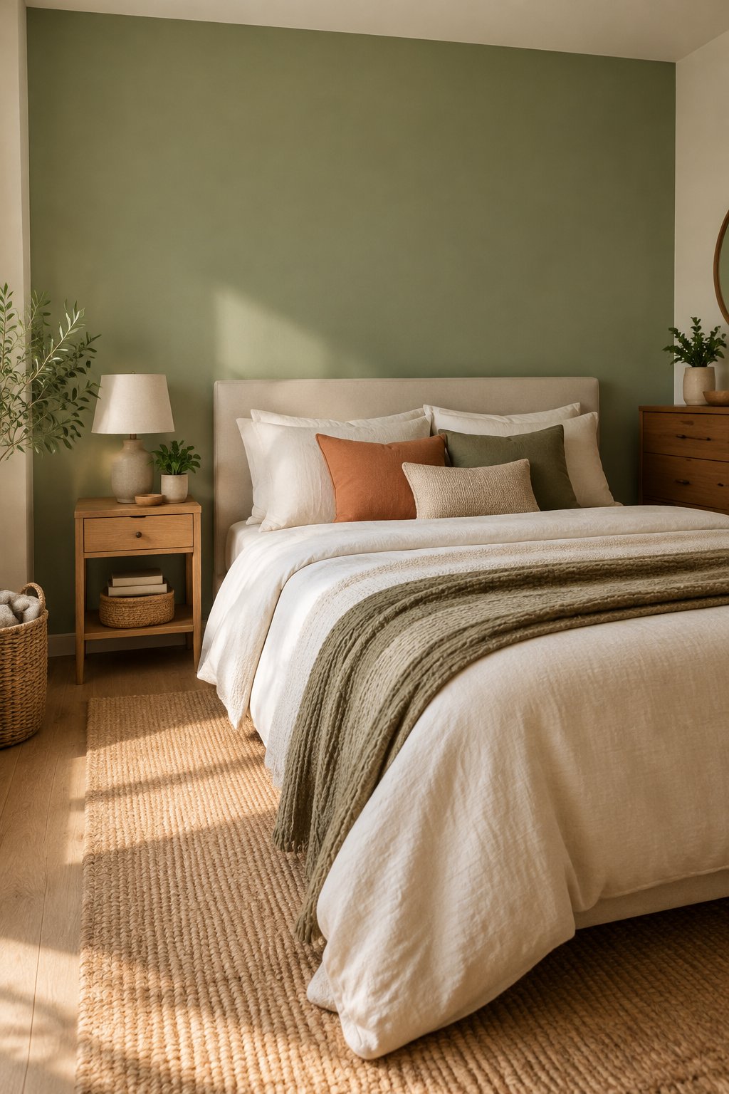 A cozy small bedroom with a neatly made bed against a soft sage green accent wall.