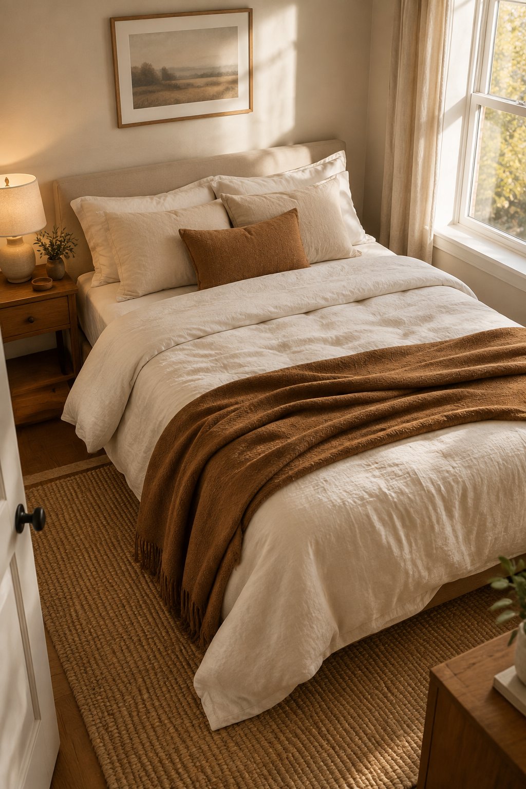 A small cozy bedroom with warm white linen bedding and a camel-colored throw blanket.