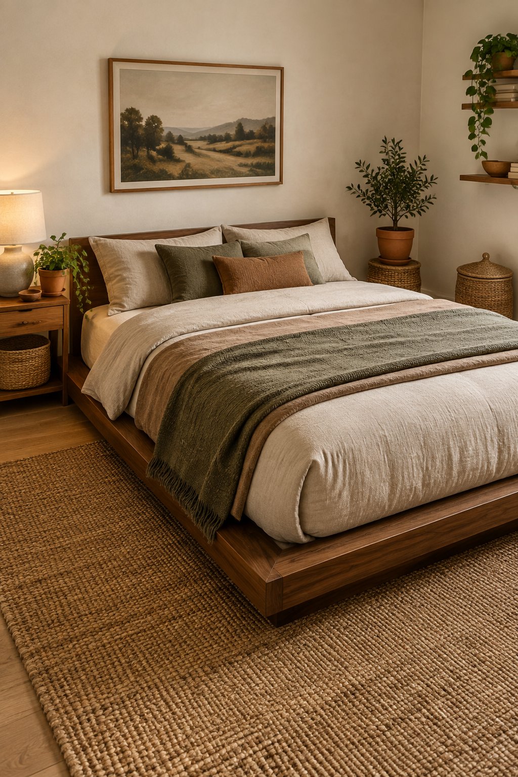 A cozy small bedroom with a low walnut platform bed, earth-tone bedding, a woven rug, and a potted plant.