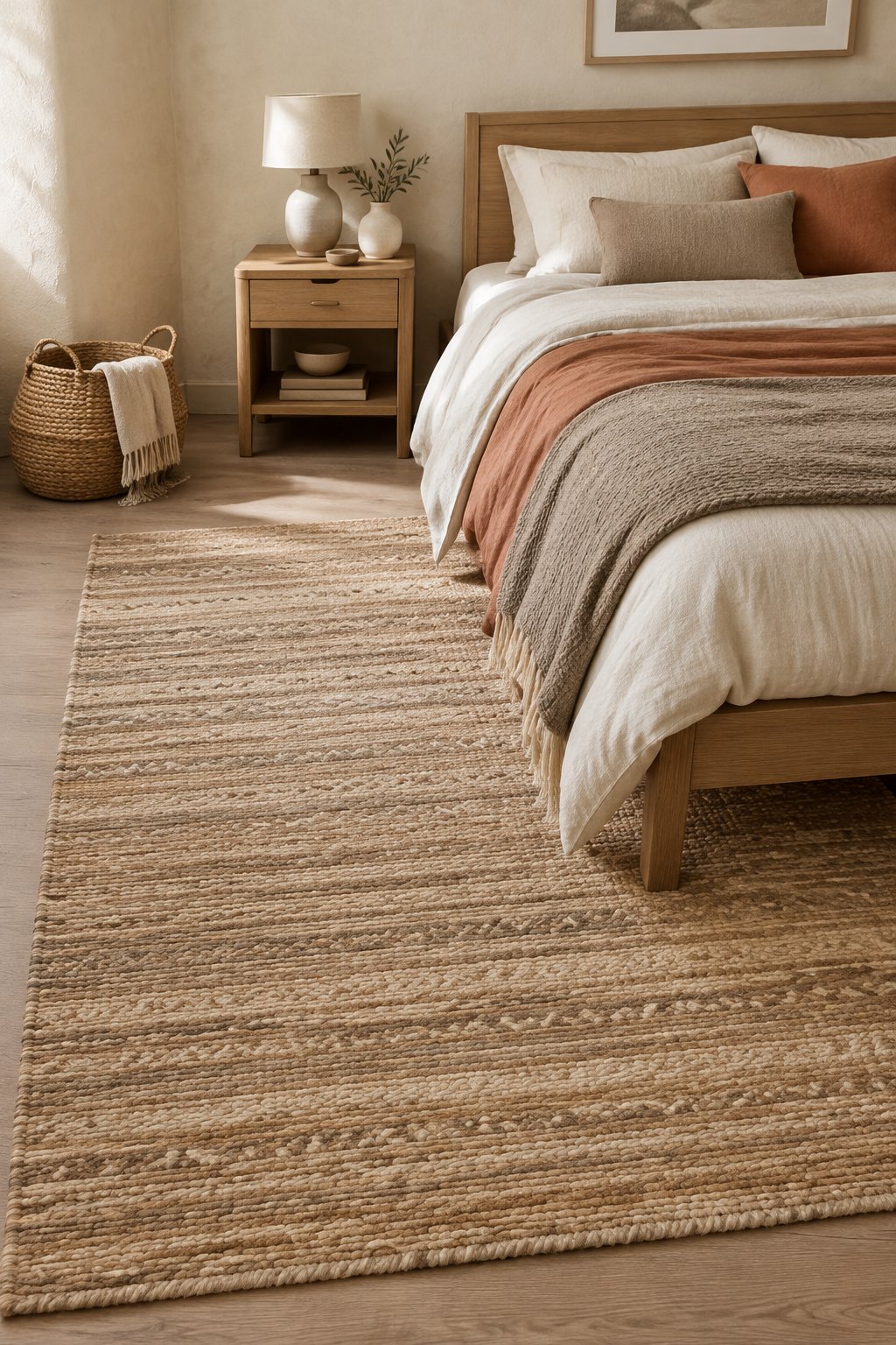 A cozy small bedroom with a sand and oatmeal woven rug beside a neatly made bed.