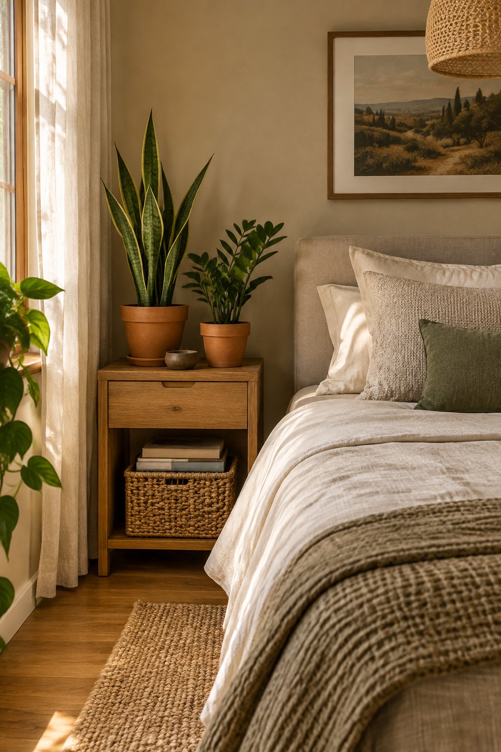 A cozy small bedroom with terracotta planters holding green houseplants beside the bed.