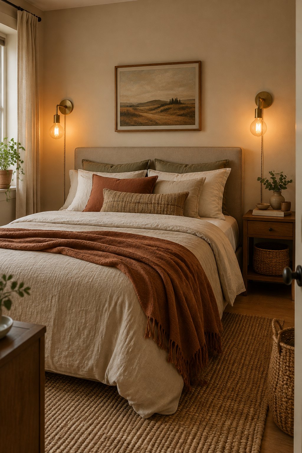 A small cozy bedroom with two brass wall sconces glowing beside a neatly made bed.