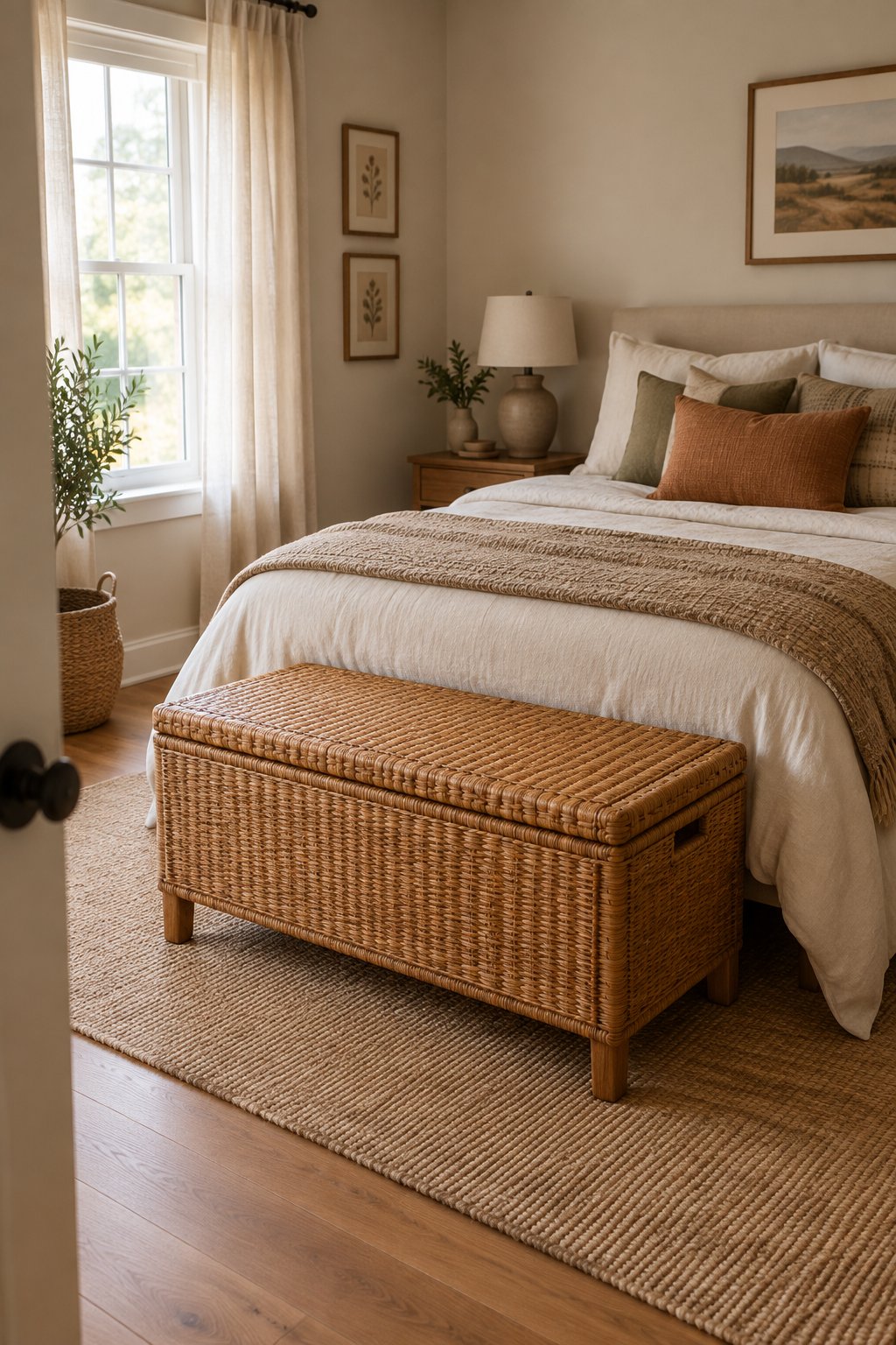 A woven rattan storage bench sits at the foot of a neatly made bed in a cozy small bedroom.