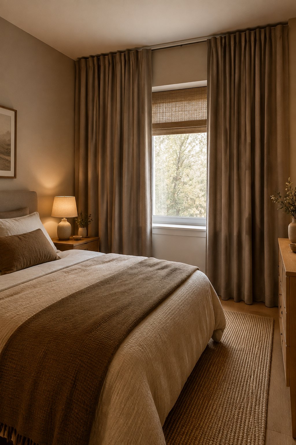 A small cozy bedroom with taupe curtains hanging from near the ceiling around a window.