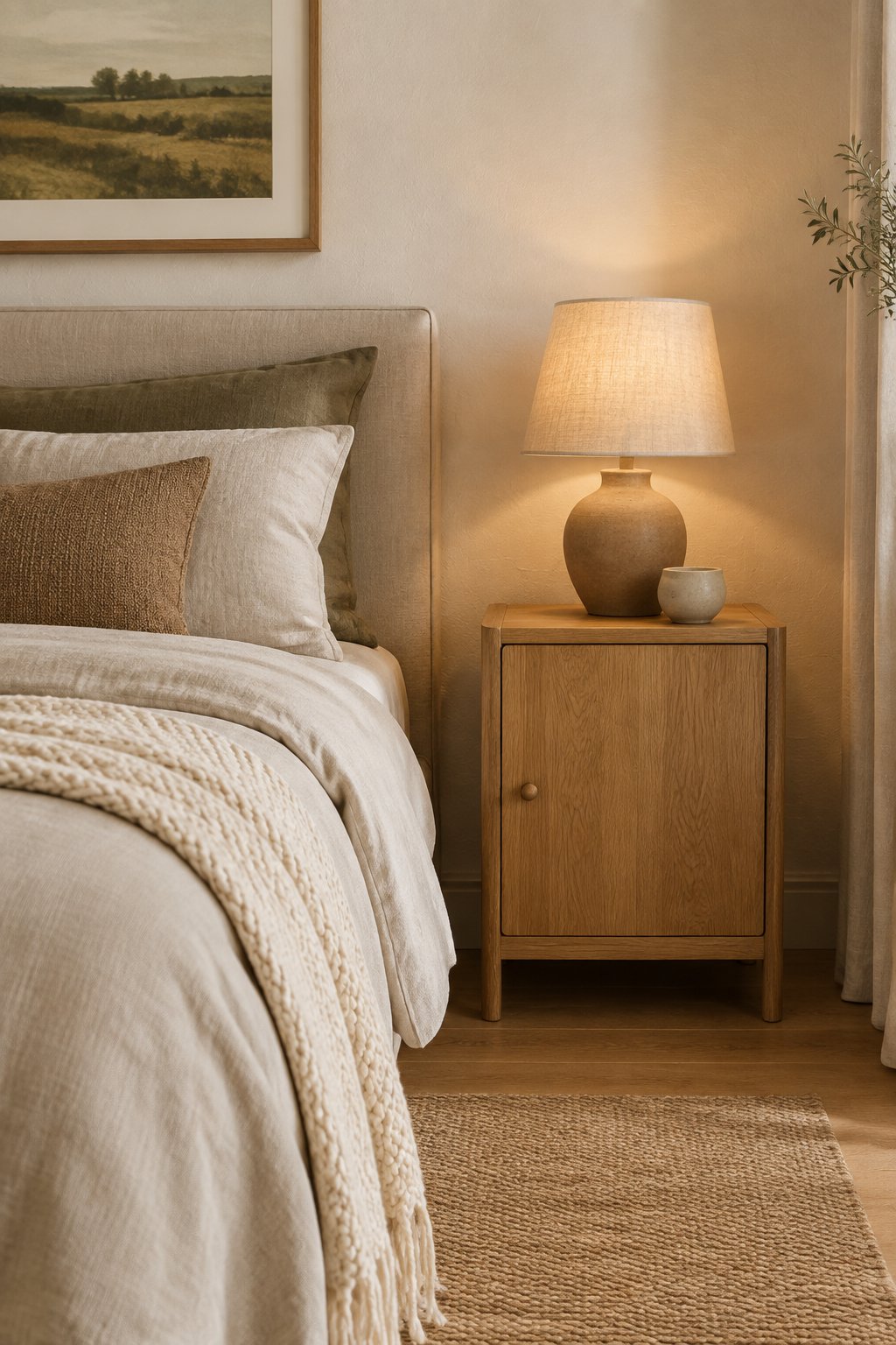 A small oak nightstand with closed storage beside a neatly made bed in a warm, earth-tone bedroom.