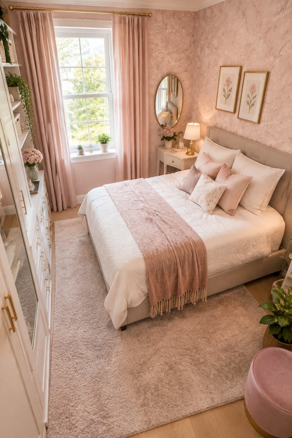 A small cozy bedroom with pink wallpaper, a neatly made bed, soft furnishings, and elegant decor.