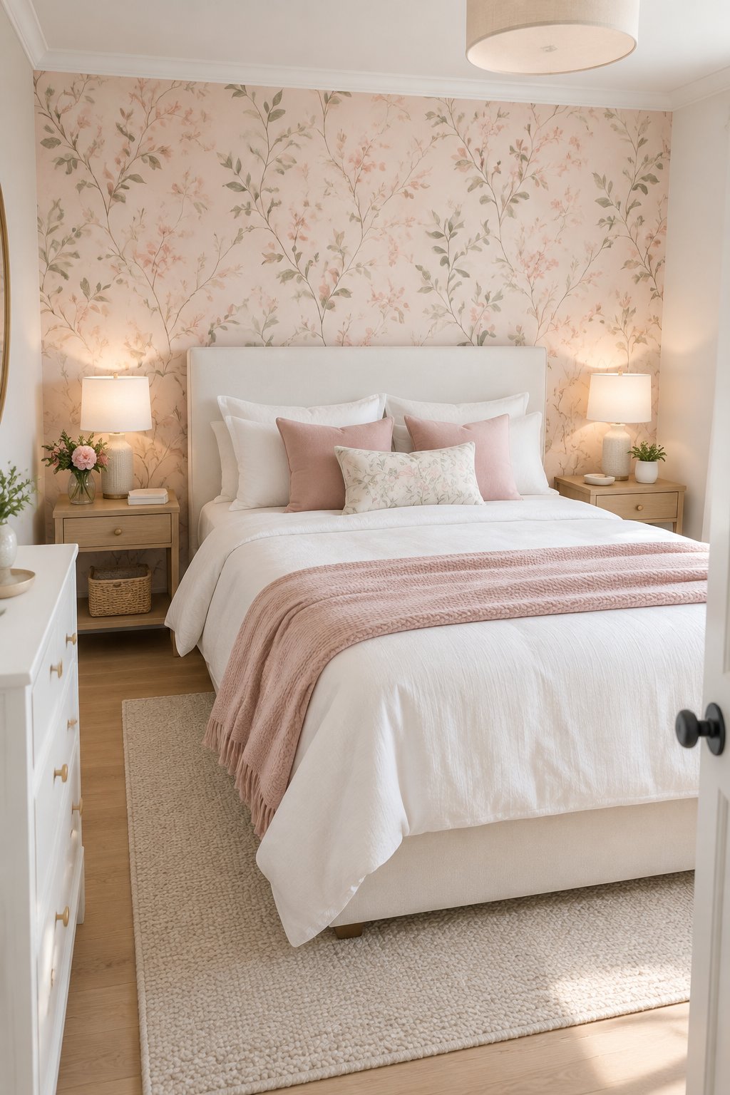 Small bedroom with a white upholstered bed against soft pink botanical wallpaper.