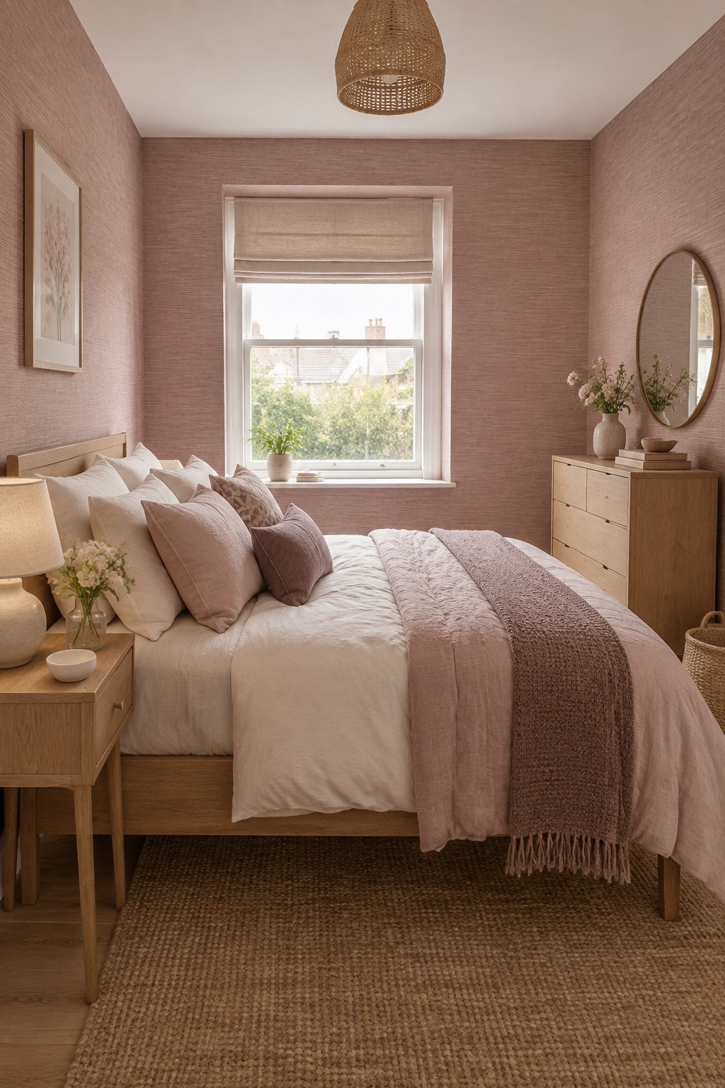 A small bedroom with dusty rose pink textured wallpaper, natural oak furniture, and soft neutral bedding.