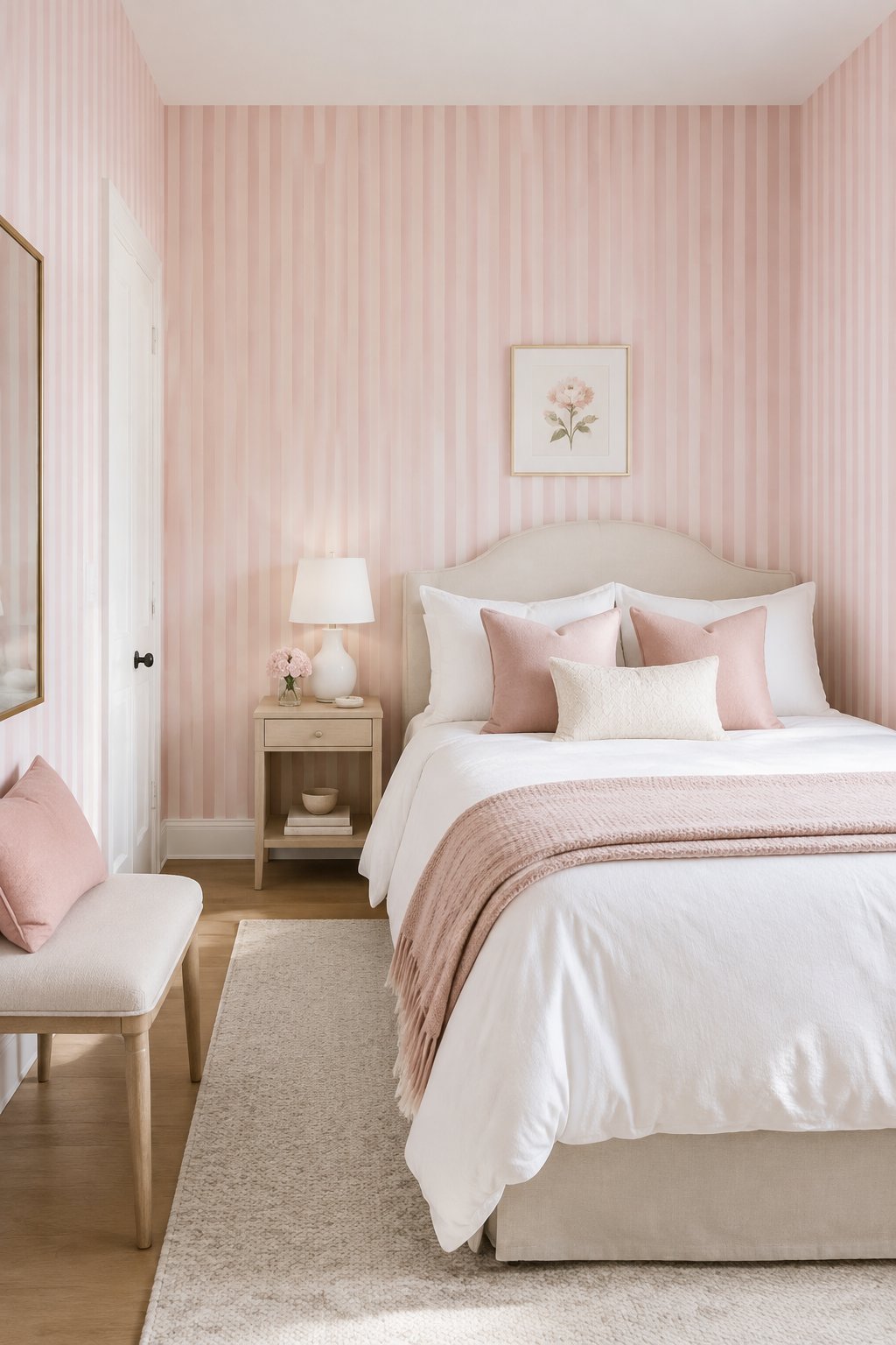 A small bedroom with pale pink vertical-striped wallpaper, a neatly made bed, and soft feminine decor.