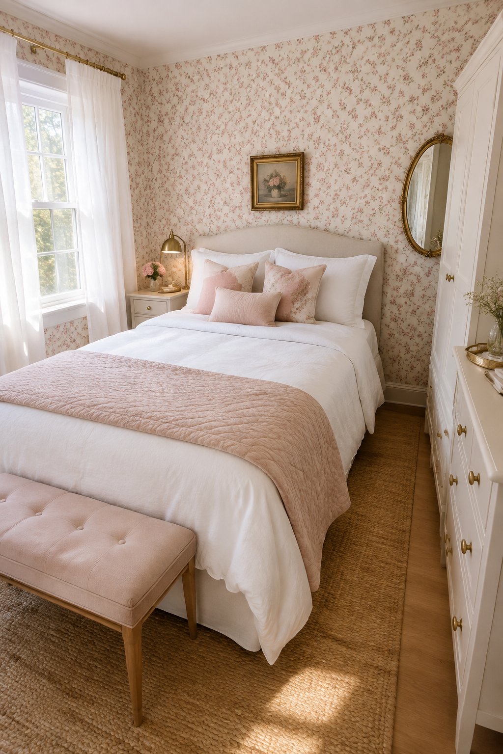 A small bedroom with pink-and-white floral wallpaper, a neatly made bed, and vintage brass furnishings.