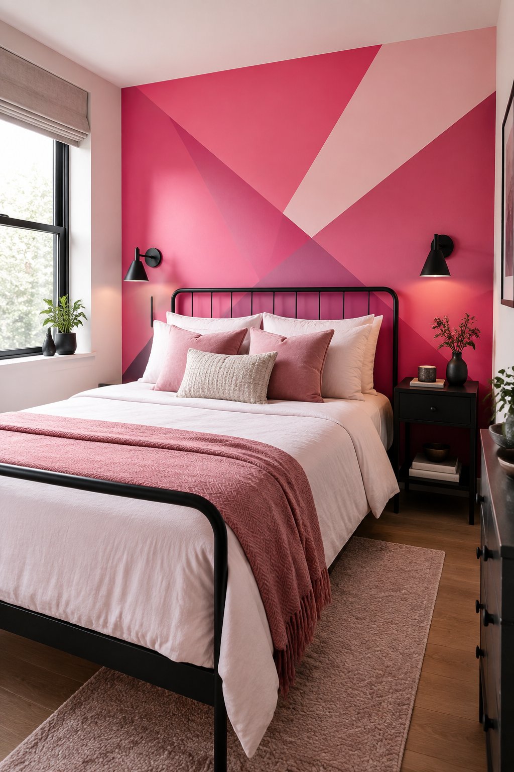 A small bedroom with a hot pink geometric feature wall, black furnishings, and neatly arranged bedding.