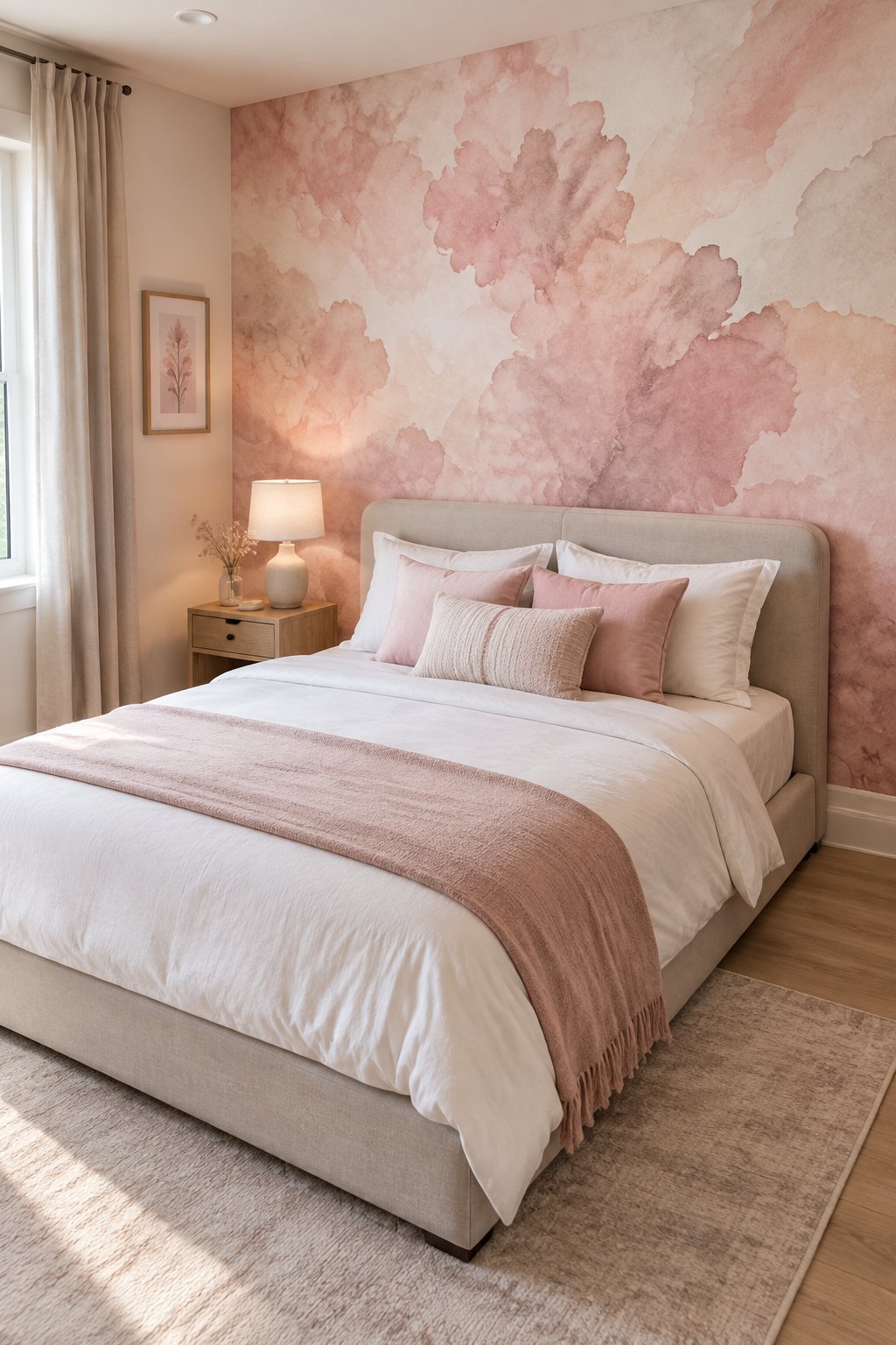 A small bedroom with a low-profile bed against a watercolor pink mural wallpaper wall.