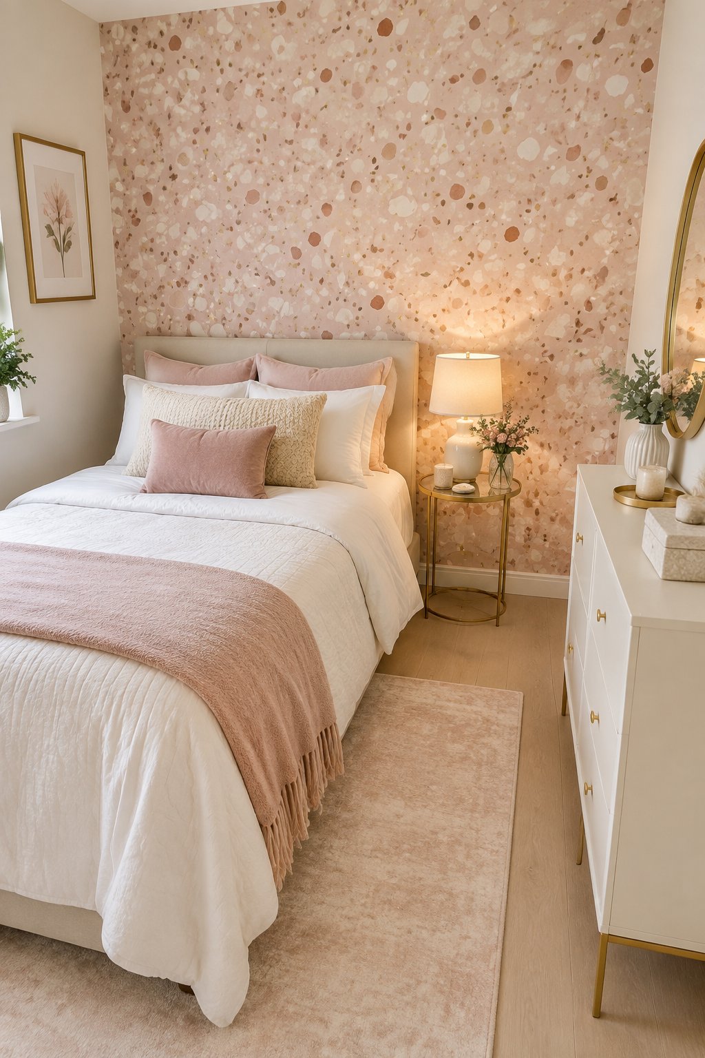 A small bedroom with blush pink terrazzo wallpaper, a neatly made bed, and cream and gold furnishings.