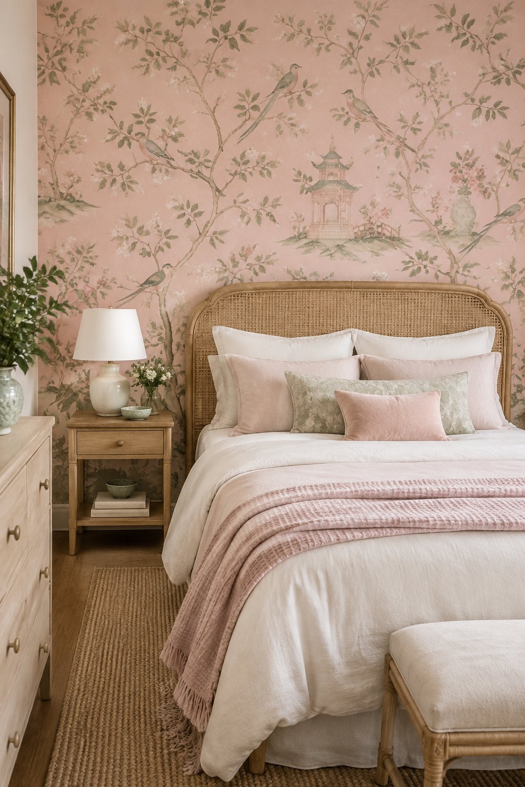 A small pink bedroom with Chinoiserie wallpaper, a slim rattan headboard, and neatly arranged bedding.
