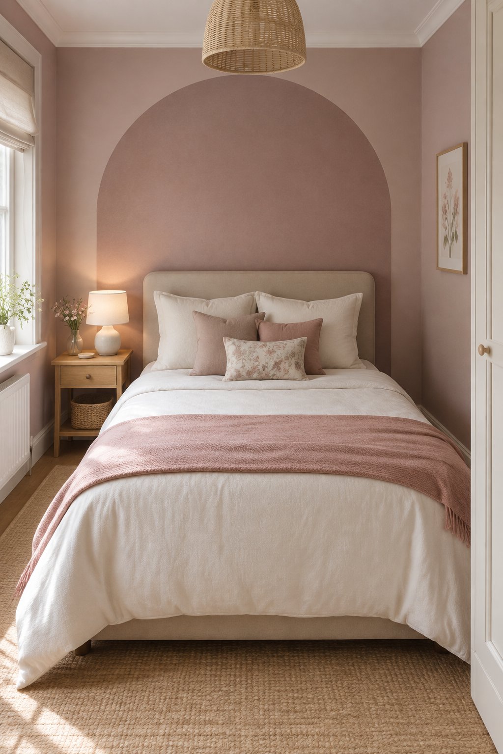A small bedroom with a neatly made bed against muted mauve wallpaper featuring a painted arch.