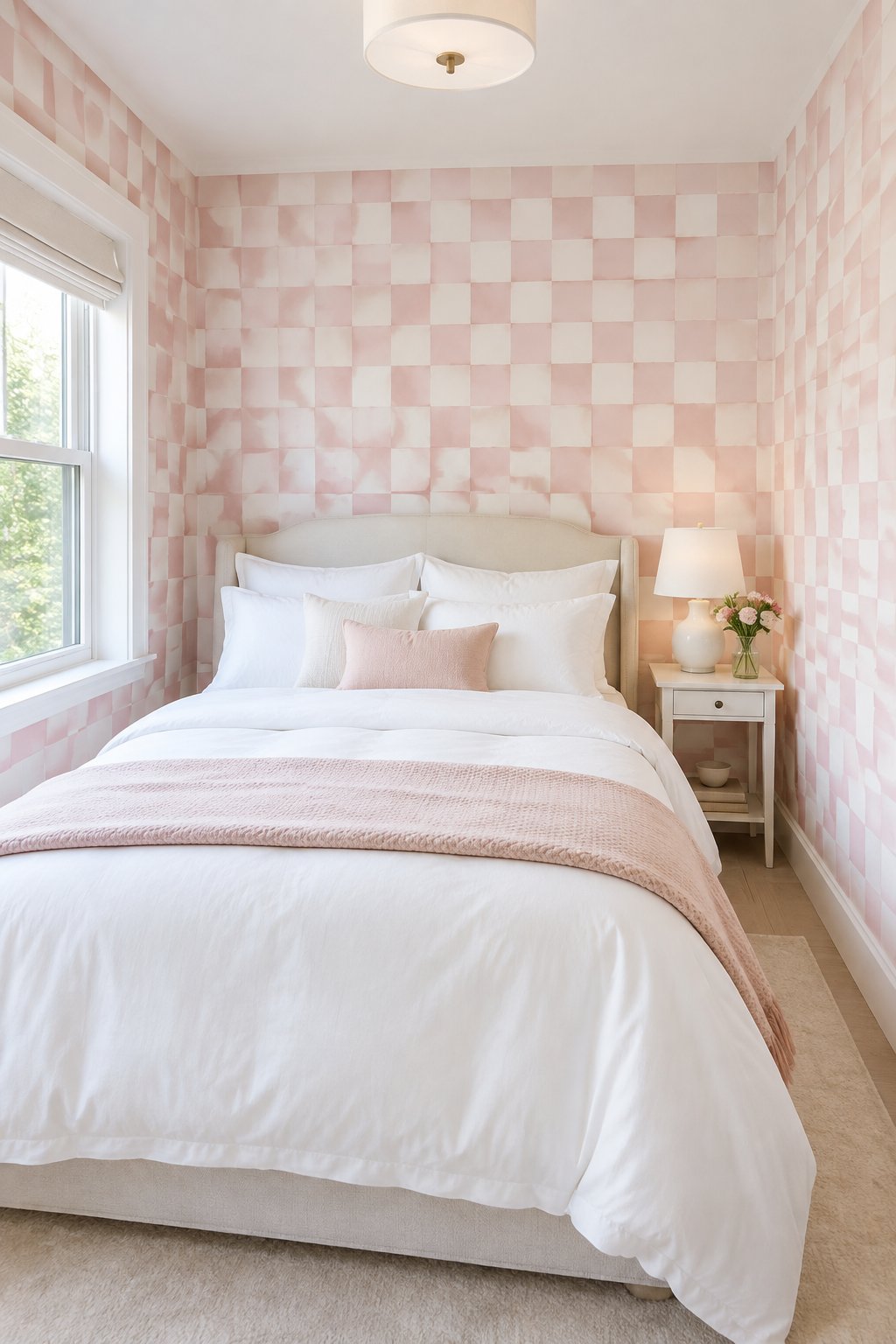 A small bedroom with pink checkerboard wallpaper and neatly arranged white bedding.