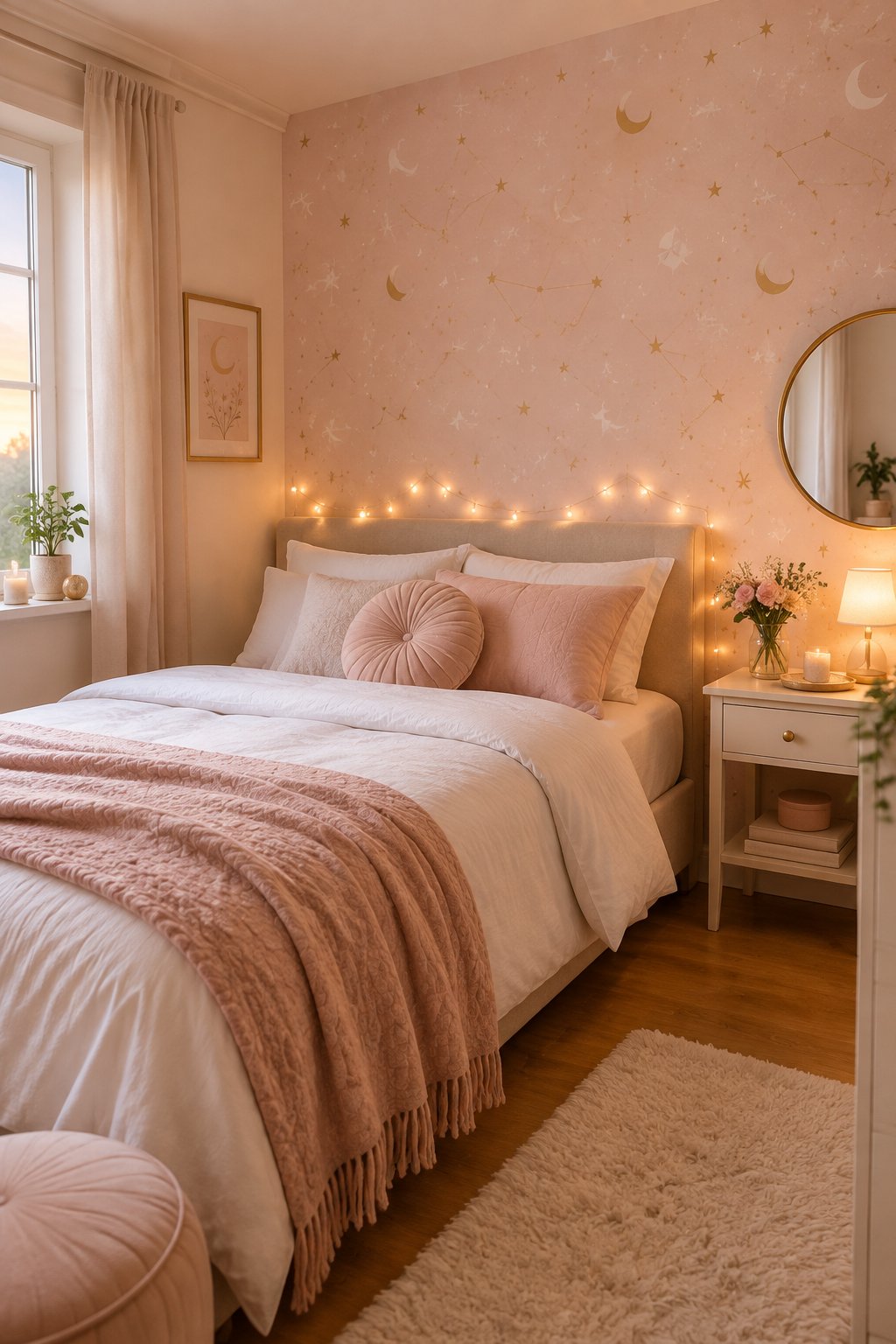 A small bedroom with pale pink celestial wallpaper, a neatly made bed, and warm fairy lights.