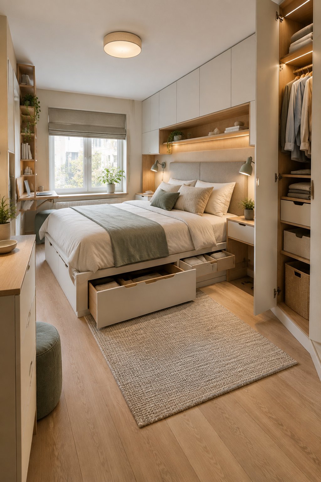 A compact, stylish bedroom for two with a double bed and built-in storage.