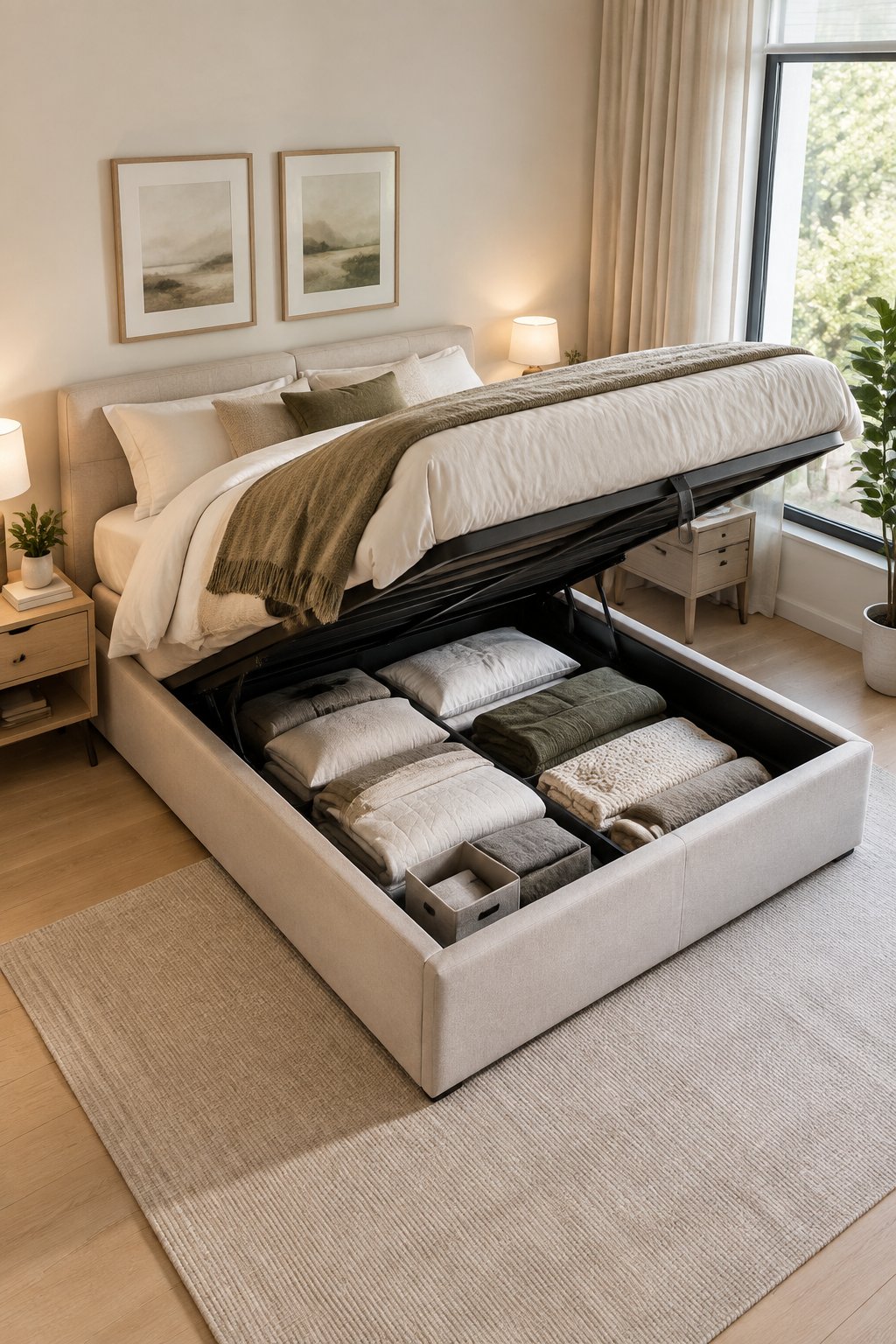 A compact couple’s bedroom with a lift-up bed revealing neatly organized storage underneath.
