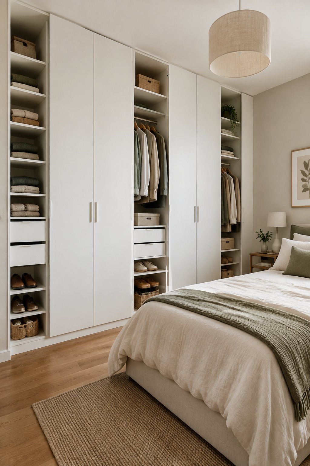 A compact shared bedroom with a floor-to-ceiling white wardrobe wall and neatly organized storage beside a double bed.