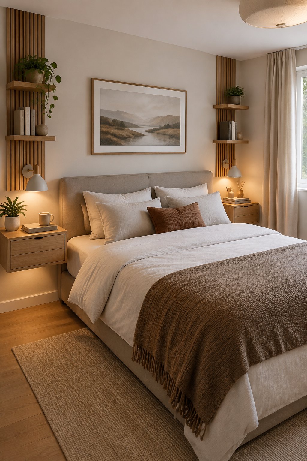 A compact bedroom with a double bed and matching wall-mounted bedside shelves with drawers.