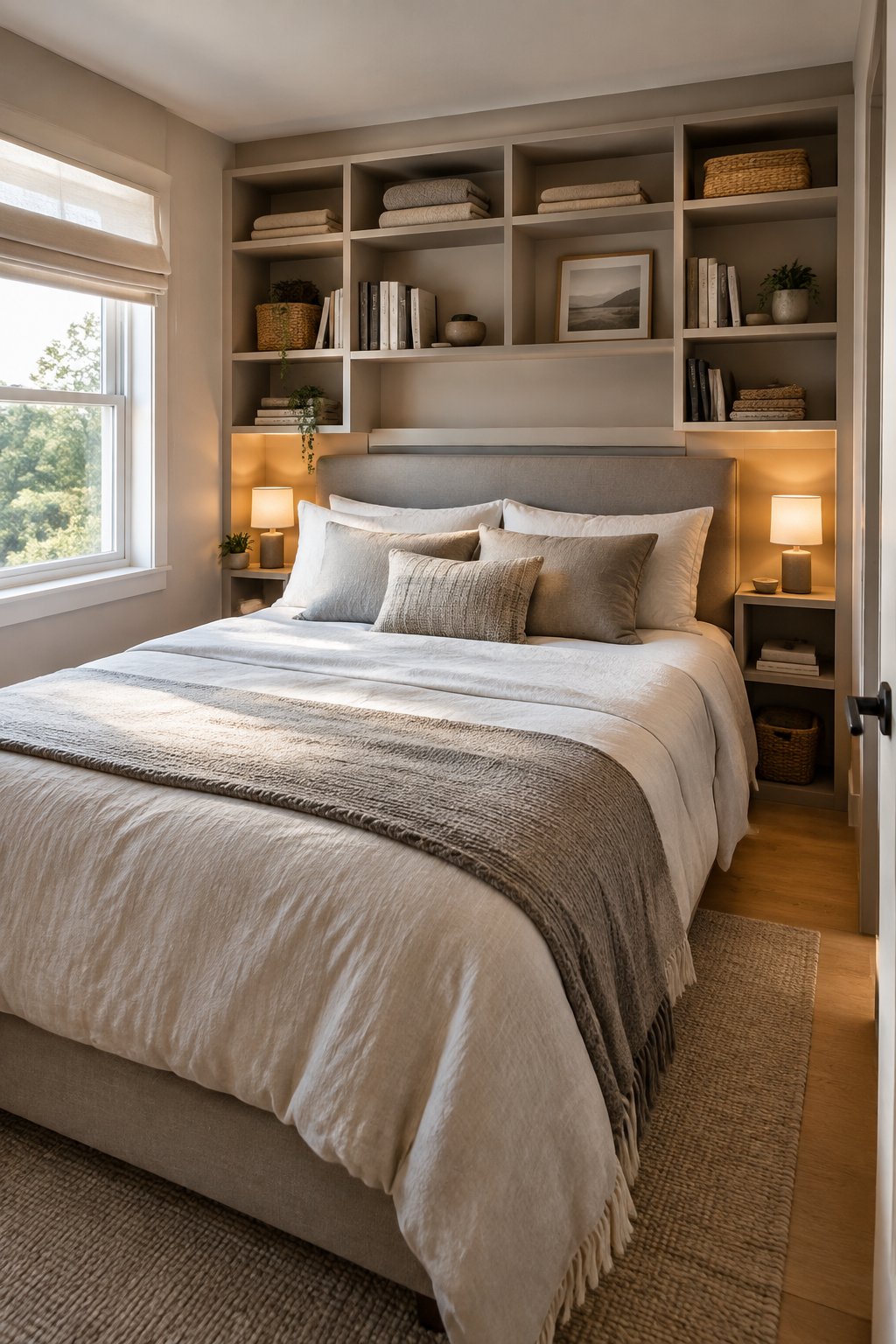 A compact couple’s bedroom with a bed beneath a headboard containing neatly arranged individual storage cubbies.