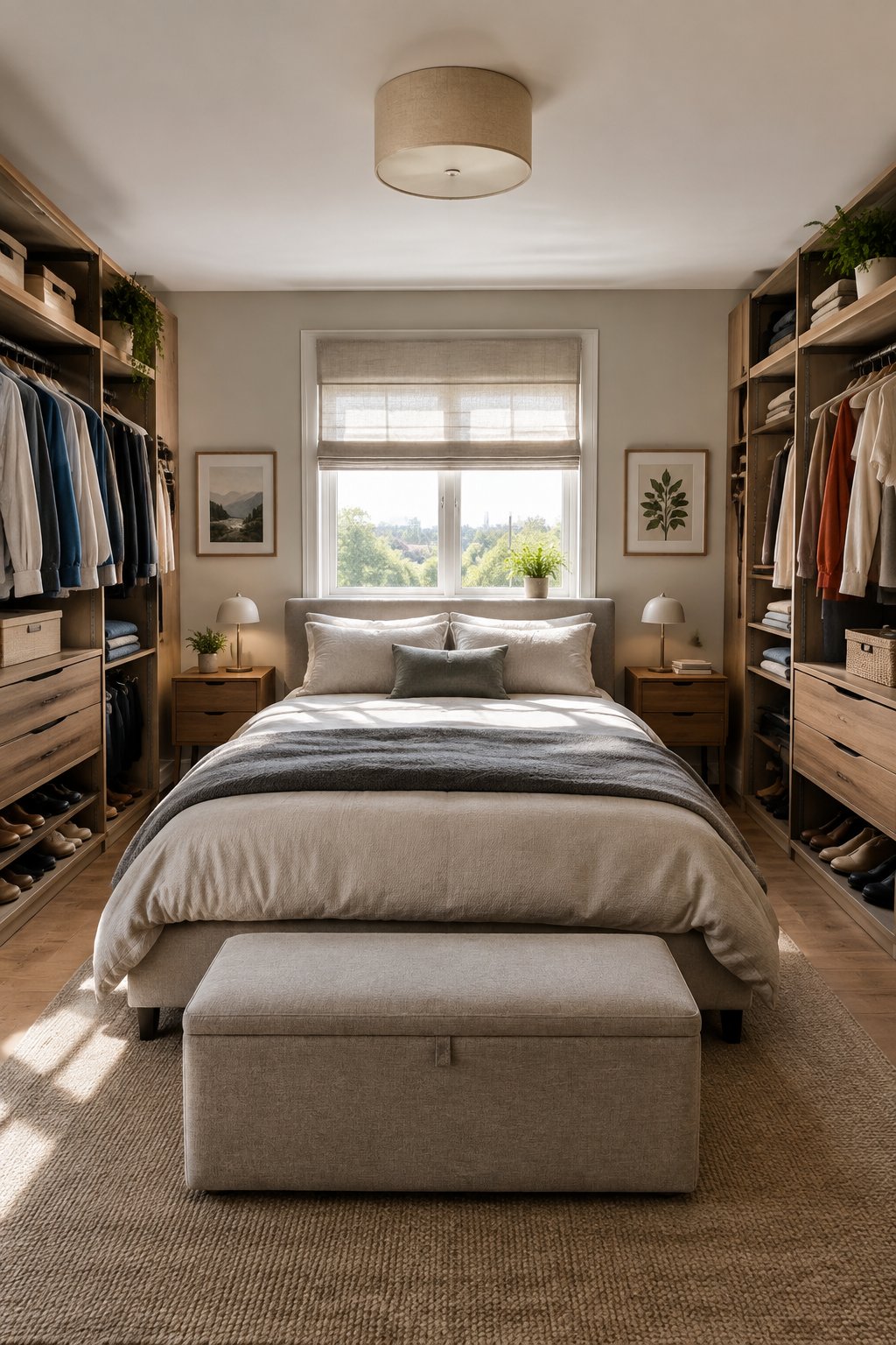 A compact shared bedroom with separate organized closet areas for each partner.