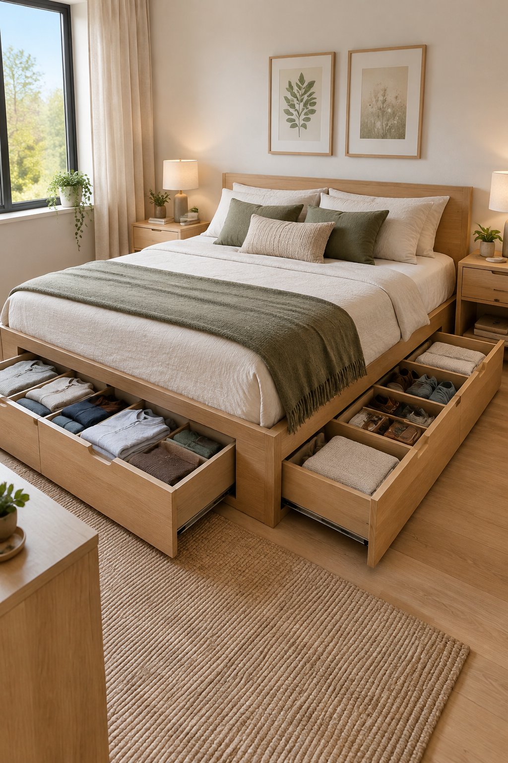 Compact couple’s bedroom with rolling storage drawers beneath both sides of the bed.