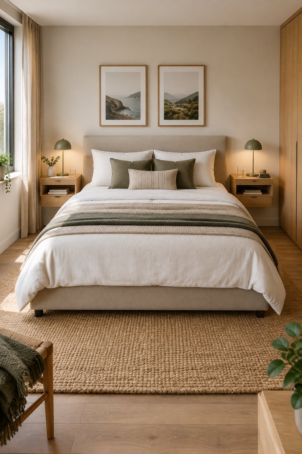 A compact couple’s bedroom with two wall-mounted floating nightstands beside a neatly made bed.
