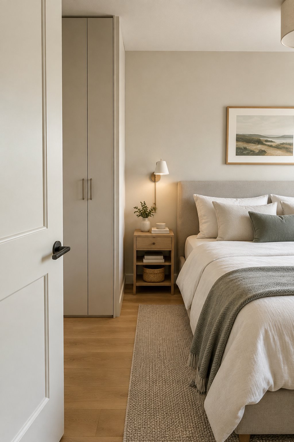 A compact bedroom with a slim wardrobe fitted behind the open door.