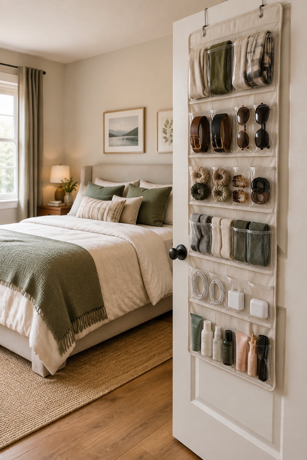 A tidy small bedroom with an over-the-door organizer holding everyday personal items.