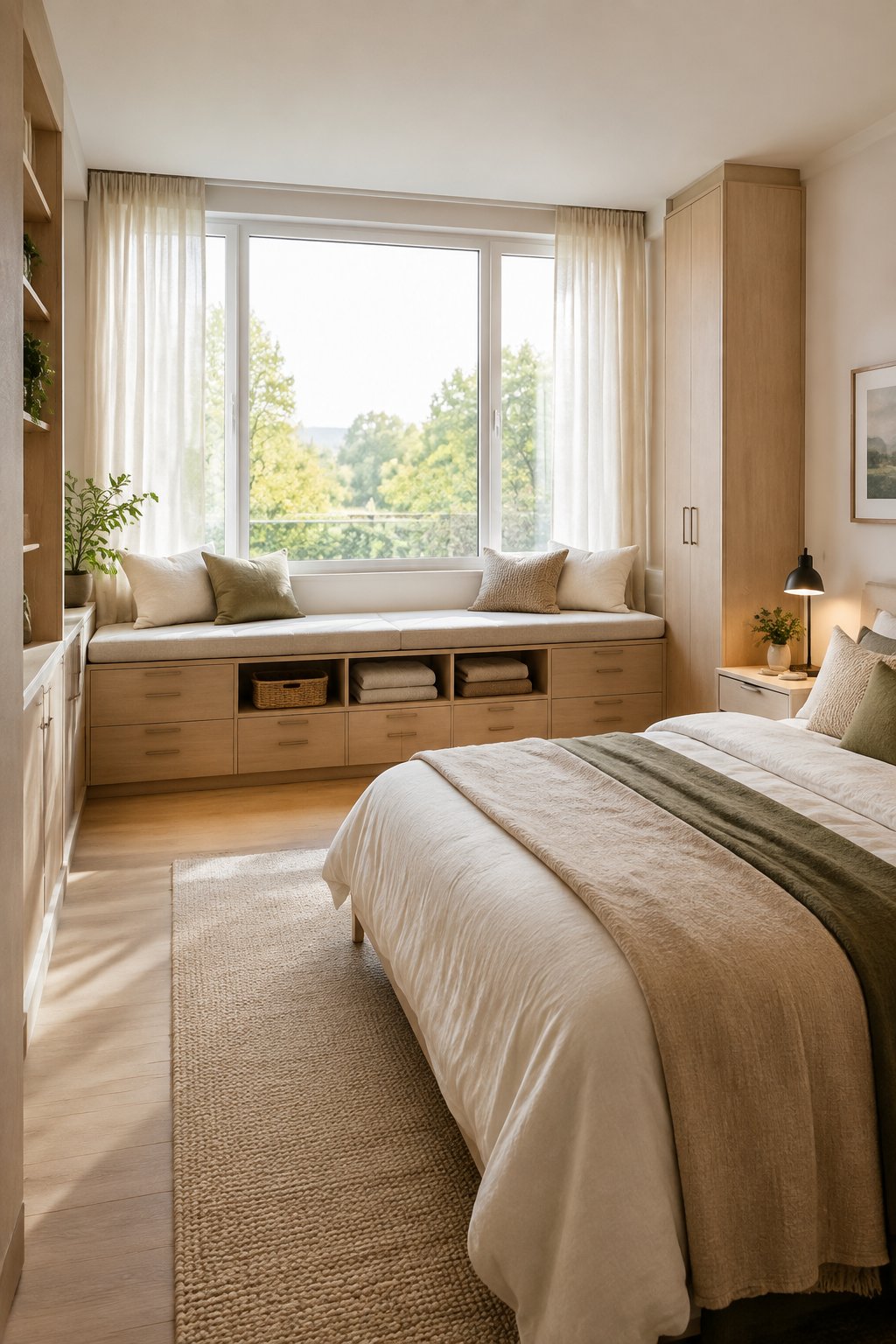 A small shared bedroom with a built-in storage bench beneath a large window.