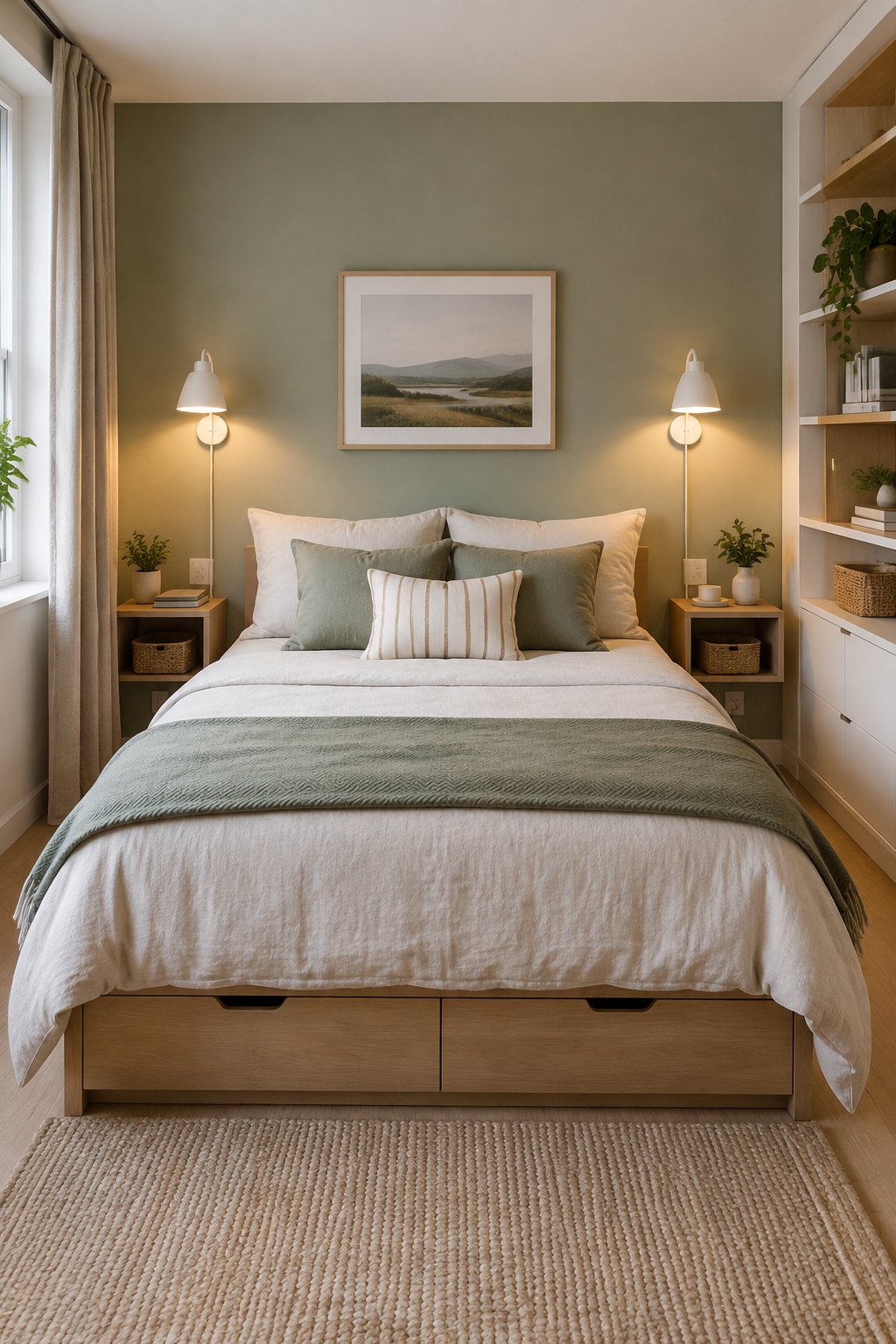 A compact couple’s bedroom with matching plug-in wall sconces mounted above both sides of the bed and organized storage.