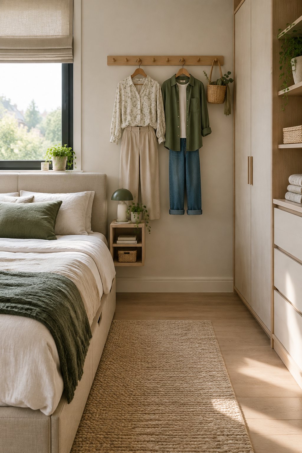 A compact shared bedroom with a wooden peg rail holding two neatly arranged outfits.