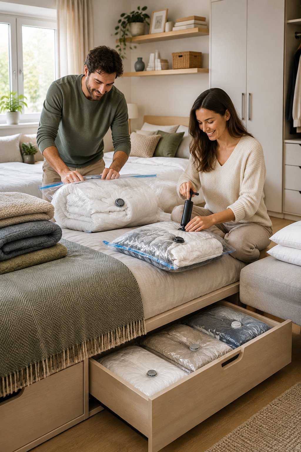 A couple packs folded bedding into clear vacuum storage bags in a compact bedroom.