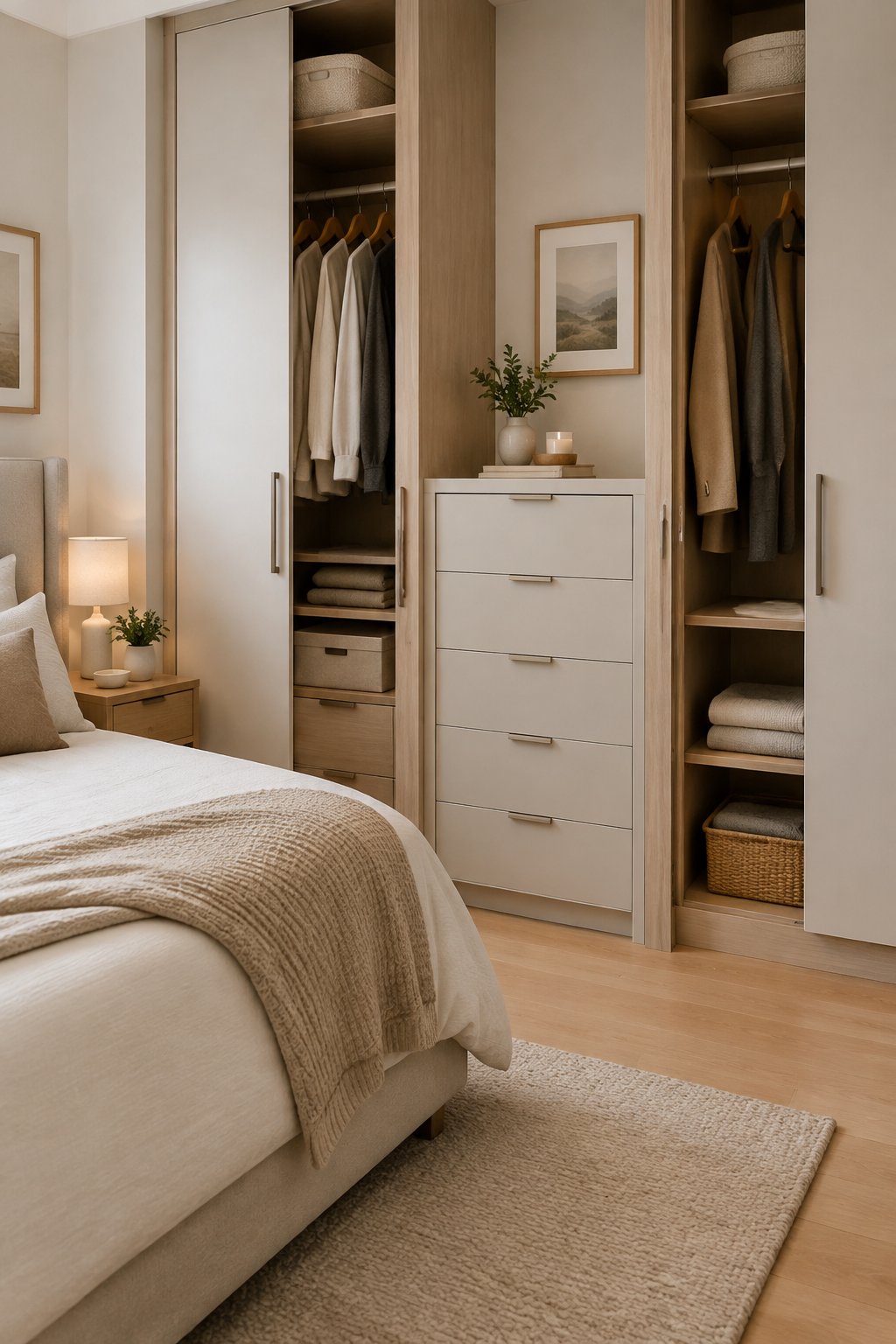 A slim drawer unit fits between two closet sections in a neatly organized small bedroom.