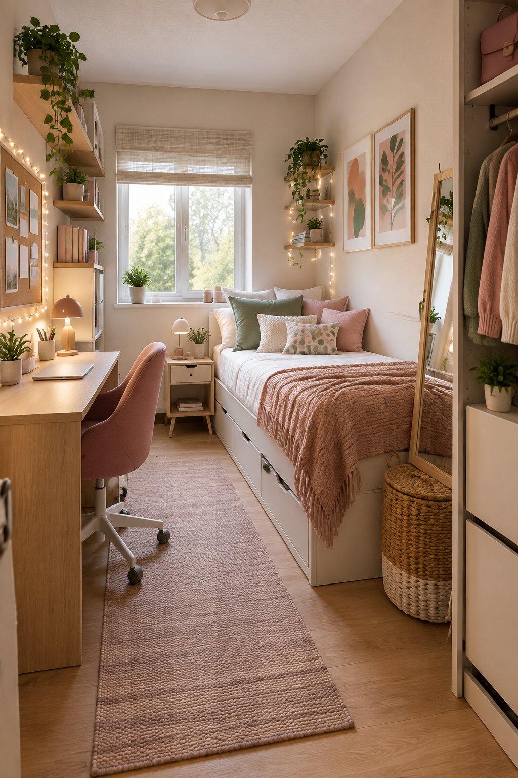 A small, stylish teen girl’s bedroom with a neatly made bed, desk, shelves, plants, storage baskets, and cozy decorative lighting.