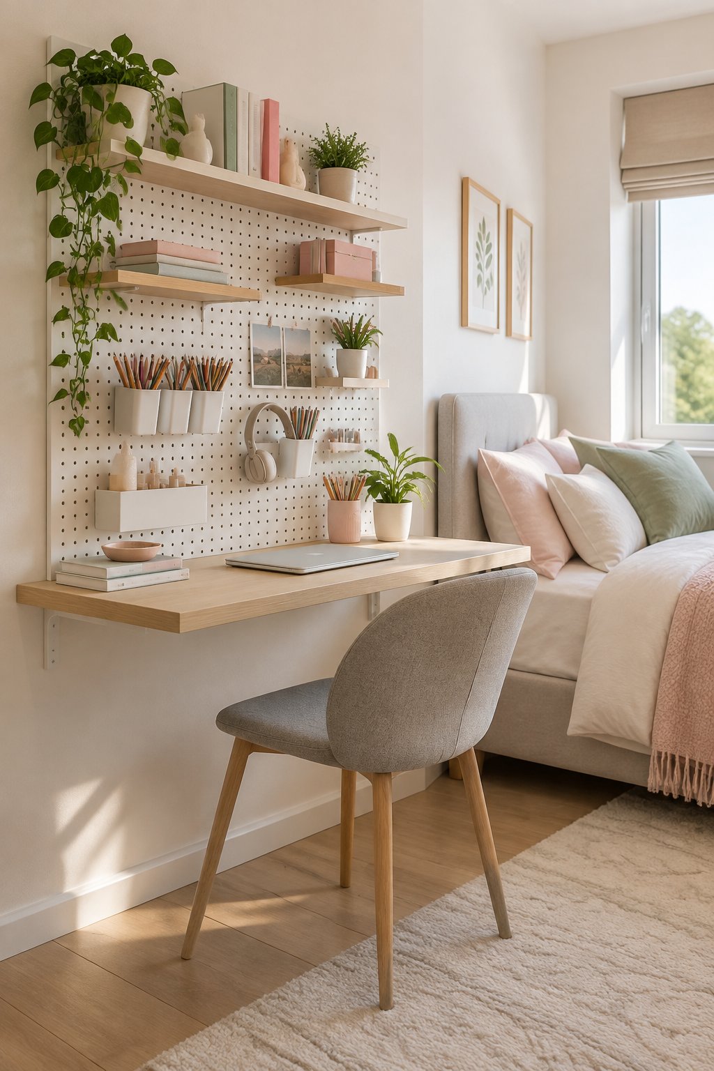 A small teen bedroom with a floating desk and organized wall-mounted pegboard.