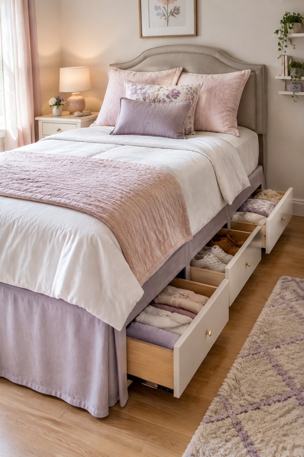 A tidy teen girl's bedroom with a bed skirt and organized storage drawers underneath the bed.