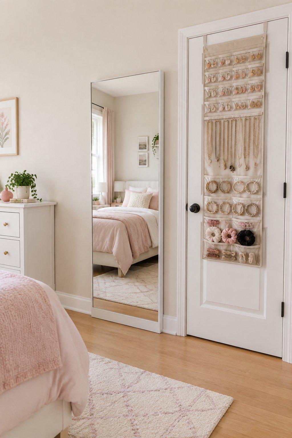 A full-length mirror stands beside a door with a jewelry organizer hanging over it in a tidy teen girl's bedroom.