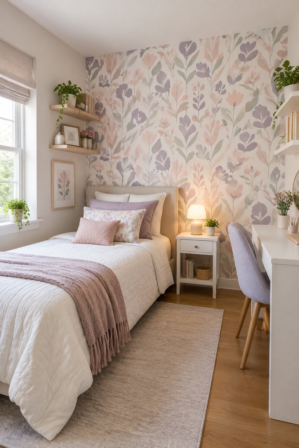A cozy small teen girl's bedroom with a patterned removable wallpaper accent wall, a neatly made bed, and compact furnishings.