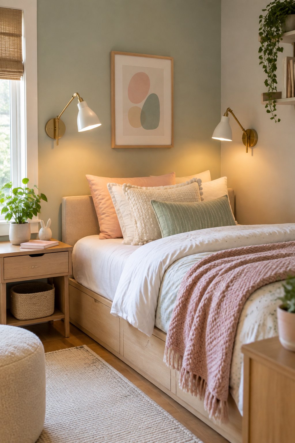 A cozy teen bedroom with two adjustable wall-mounted reading sconces beside a neatly made bed.