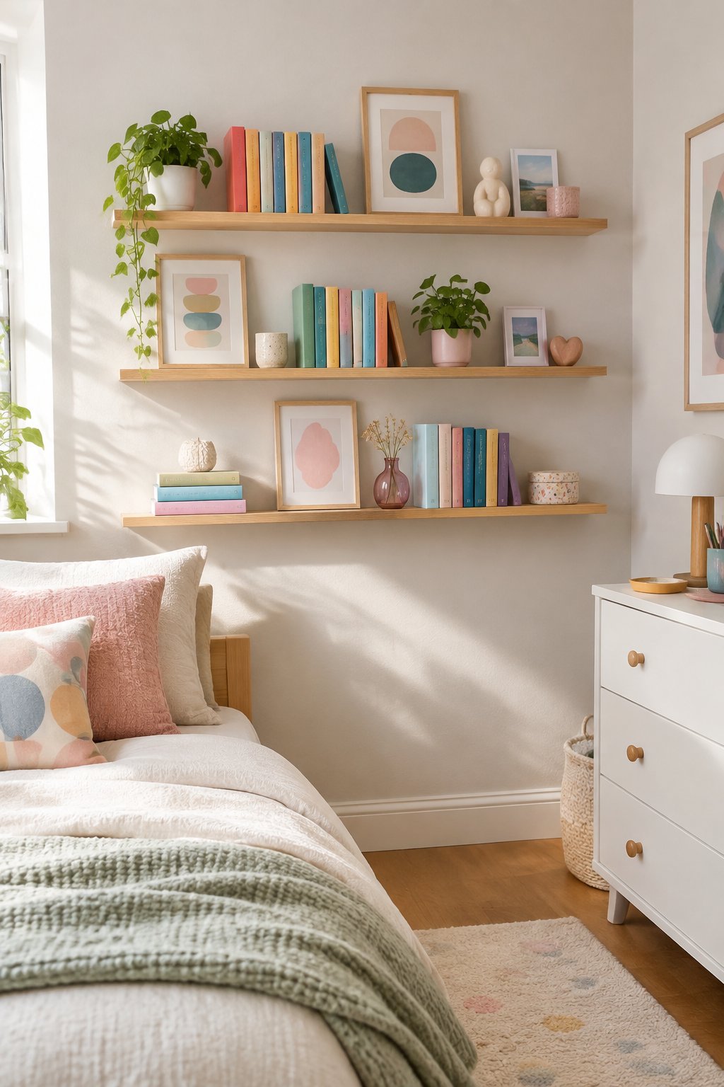 A small teen girl's bedroom with narrow wall ledges displaying books, framed art, keepsakes, and a small plant.